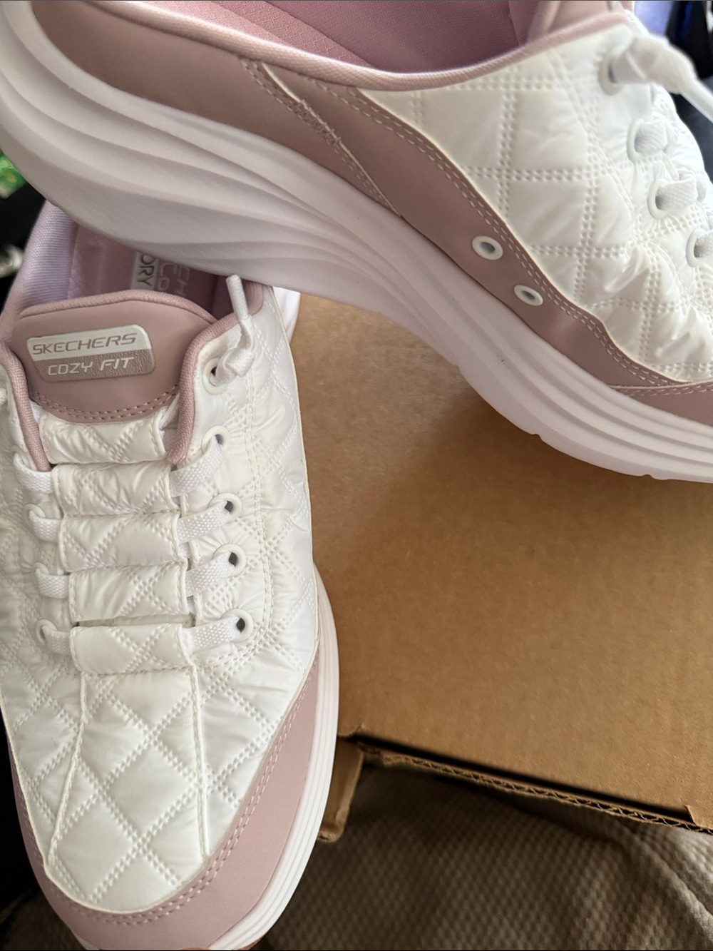 Skechers Women’s White and Light Pink Quilted Cozy Fit Sneakers